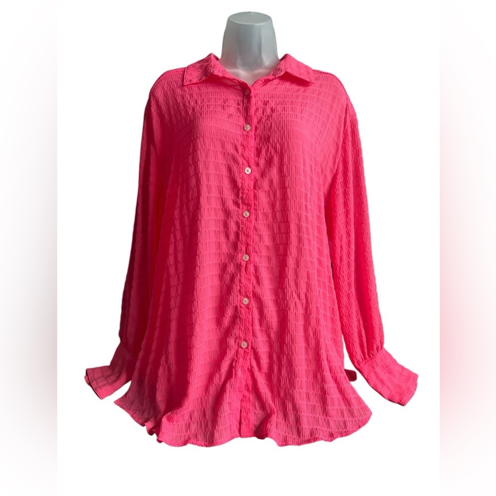 NEW Free People Long Sleeve Collared Oversized Sheer Tunic Pink Size Medium